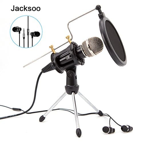 Jacksoo Home Studio Condenser Microphone with Earphone/Earbuds Microphone Stand for Iphone Android PC Recording,Live,Podcasting,Mini Desktop MIC Stand dual-layer acoustic popfilter(Black)