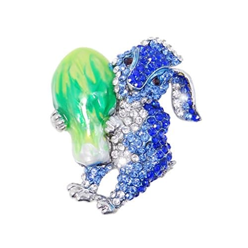 EVER FAITH® Silver-Tone Easter Bunny Hugging Cabbage Brooch Enamel Blue Austrian Crystal