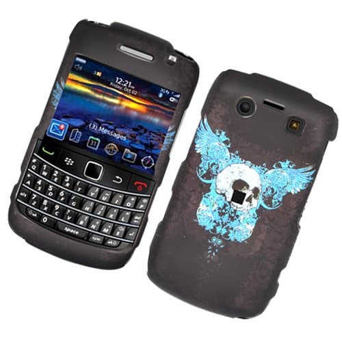 Black with Blue Wing Skull Rubberized Snap on Hard Skin Faceplate Phone Shield Cover Case for Blackberry 9700 Bold 2 Bold2 Onxy