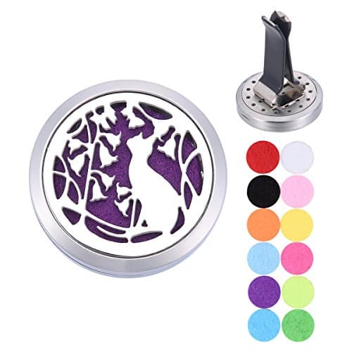 Qi Xiang Aromatherapy Essential Oil Diffuser Vent Clip Car Air Freshener/White K Stainless steel/Cats Flowers Vines/Round/Open Magnetic Lock Pendant 30mm