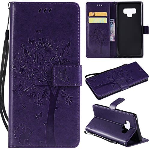 Galaxy Note 9 Case, Lacass Luxury PU Leather Flip Pouch Wallet Case Cover with Card Slots and Wrist Strap for Samsung Galaxy Note 9 (2018) (Purple)
