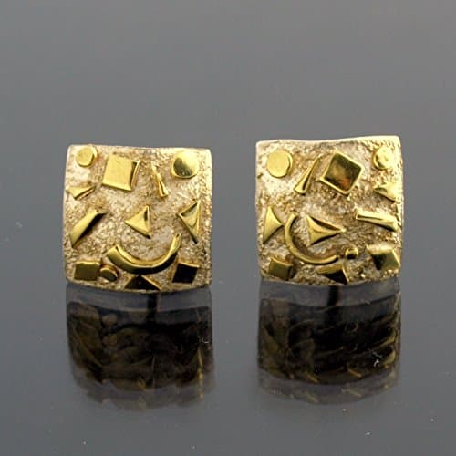 'Fragments'. Small square stud earrings in gold and silver