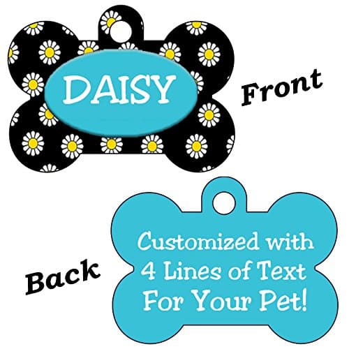 Double Sided Flowers Pet Id Dog Tags Personalized With 4 Lines of Text (Blue & Black)