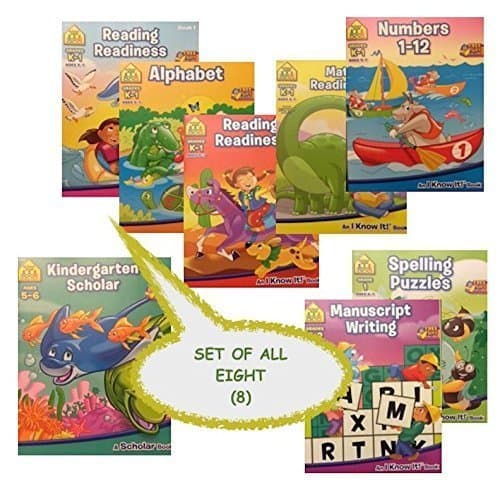 8 School Zone Workbooks, Reading Readiness 1 and 2, Writing, Spelling Puzzles, Alphabet, Math, Numbers, Kindergarten Scholar, Interactive Games Links, Achievement Certificates K-2nd Grade, bundle set