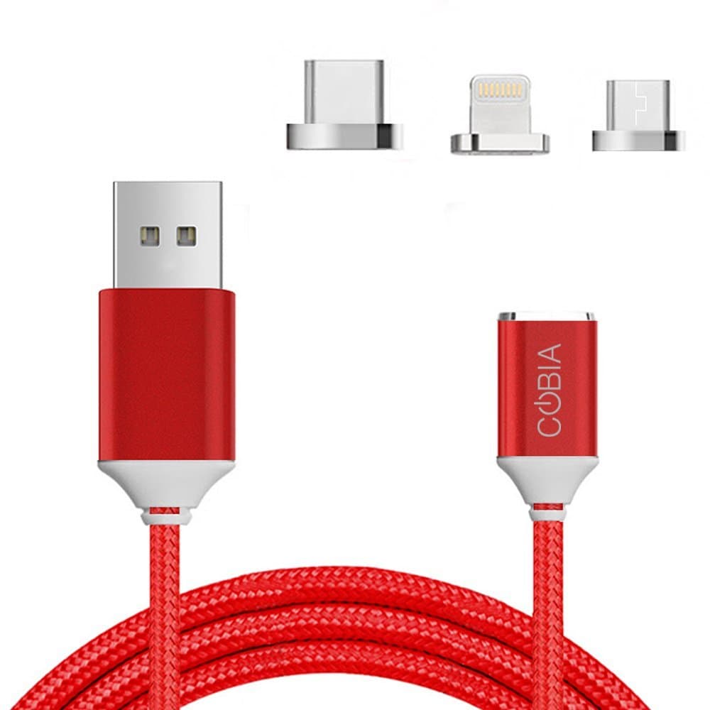 COBIA MAG 2 Magnetic Charging and Data Transfer Cable With ALL 3 TYPE-C, Micro USB and Lightning iPhone Adapters Connectors (Red)
