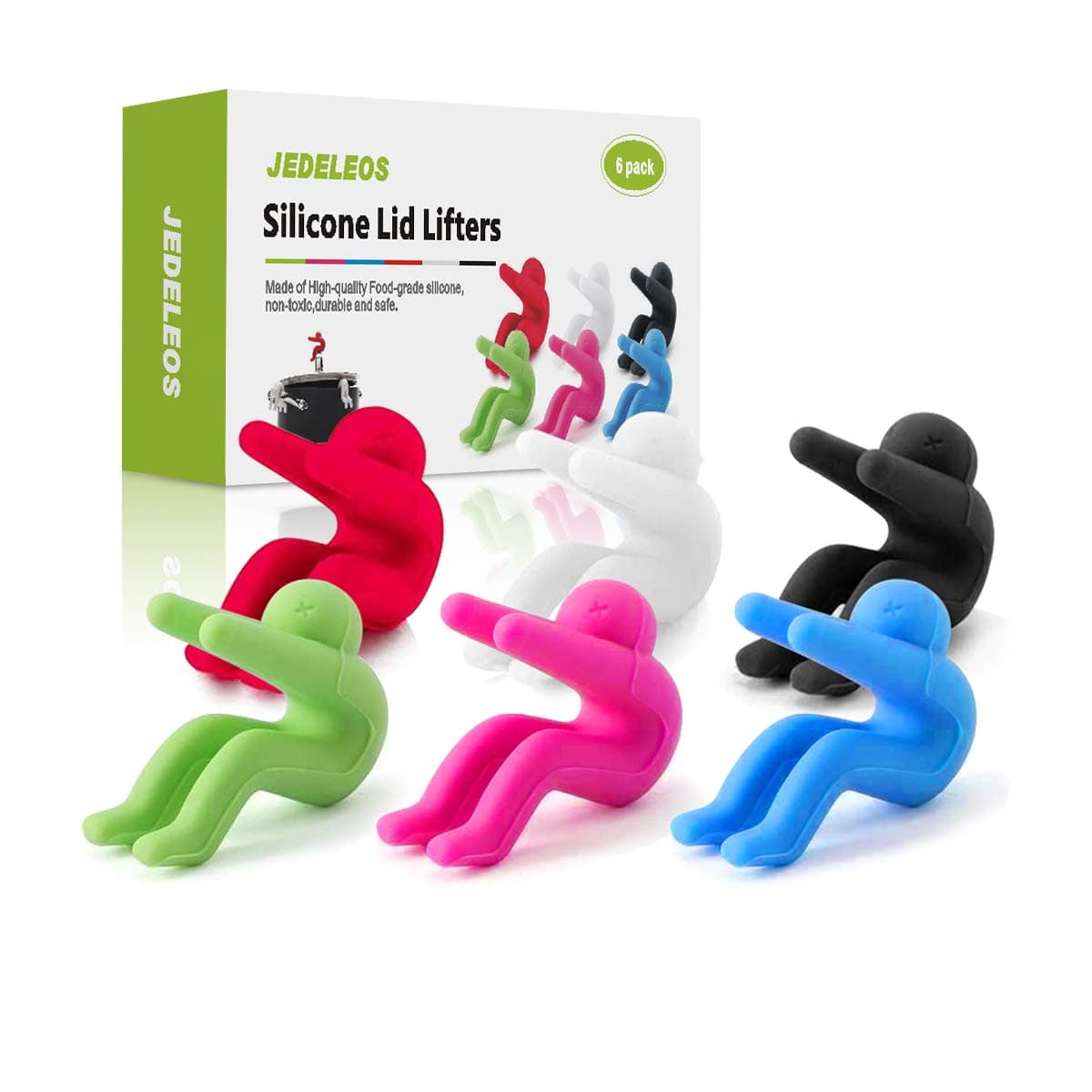 JEDELEOS Pot Lid Holders, Lid Sid Pot, Silicone Lid Lifters for Pots and Saucepan, Boil Over Stopper, Spill-proof Steam Releaser - Funny Kitchen Gadgets for Cooking (Pack of 6)