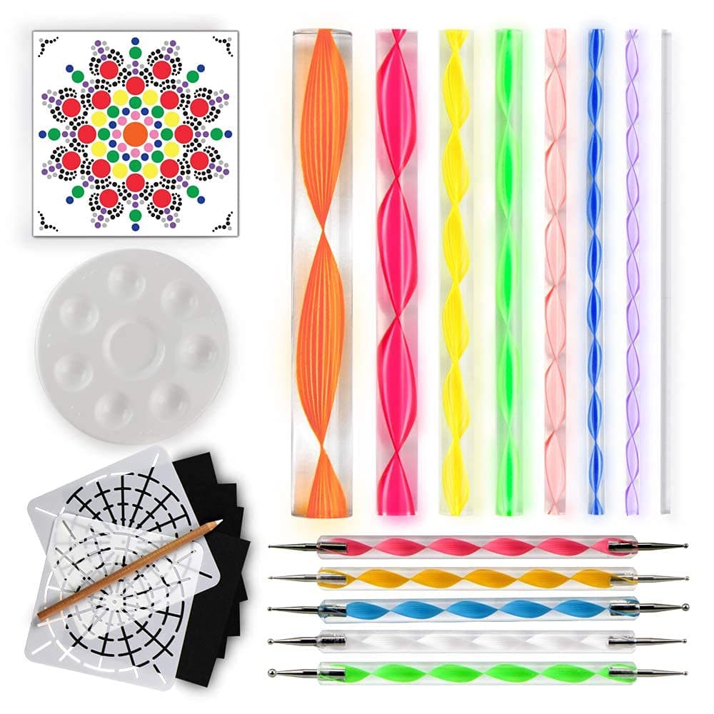 Dazazzle Mandala Dotting Tools with Stencil, White Pencil, Paint Tray, Pattern for Painting Rocks