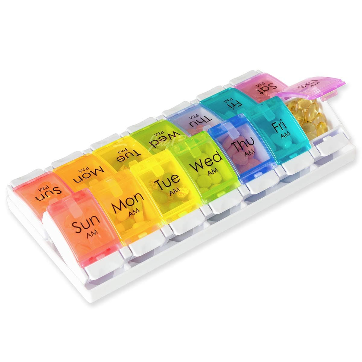 KCHEX Weekly Pill Organizer 2 Times a Day(AM/PM), Large 7 Day Push Button Pill Box Case, Travel Pill Container, BPA Free Medicine Organizer, Kid Daily Pill Holder to Hold Fish