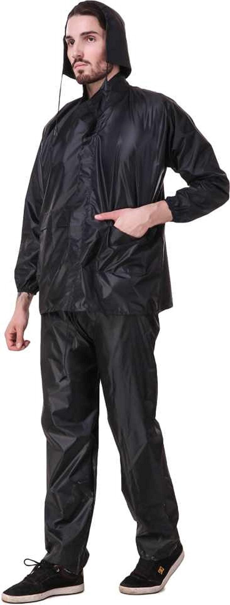 Supreme Home Collective Solid Plain Men with Pant Rainwear Waterproof Raincoat-Black