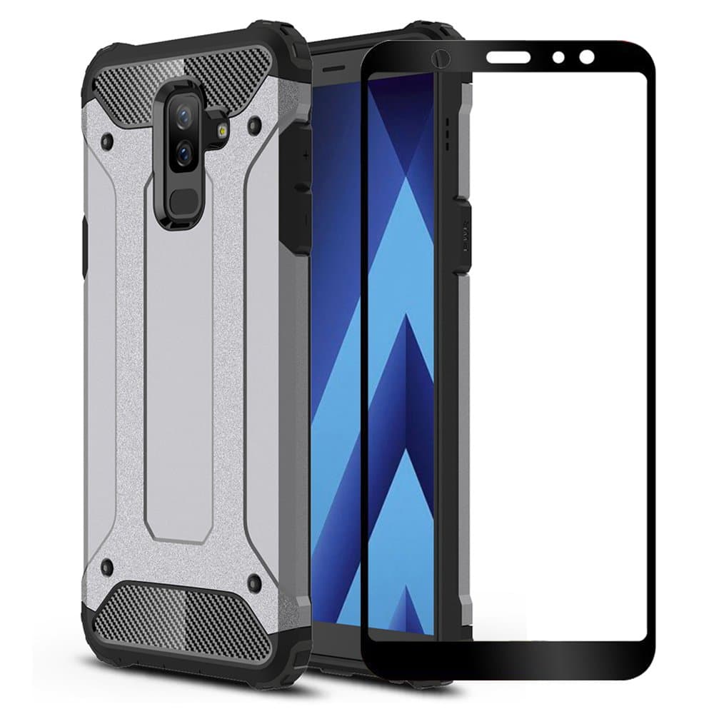 Galaxy A6 Plus 2018 Case, ZHFLY [Heavy Duty] Shockproof Bumper Tough Rugged Dual-Layer Protective Case Cover & 2.5D Tempered Glass Screen Protector for Samsung Galaxy A6 Plus 2018,Gray