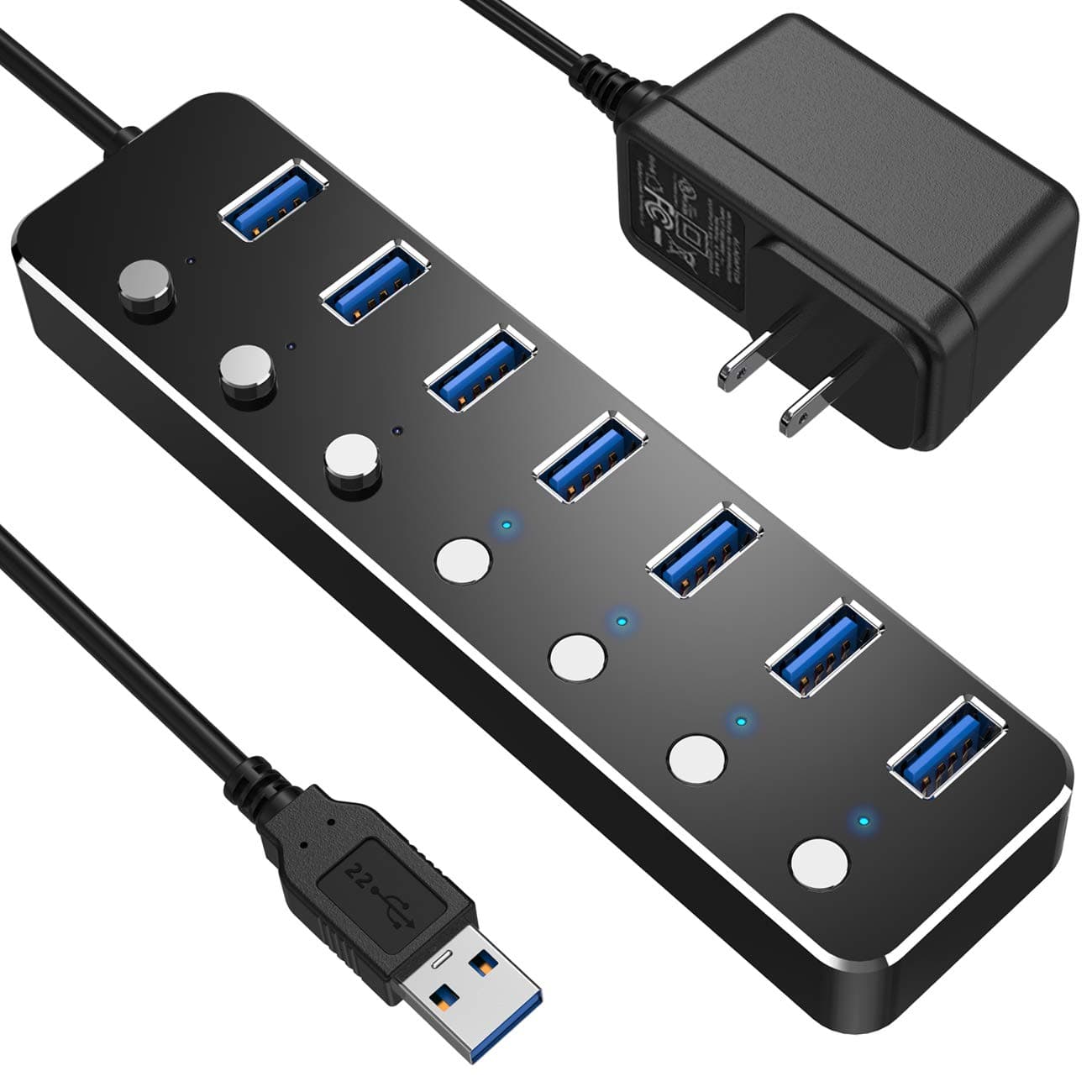 Powered USB Hub 3.0, Aluminum 7-Port USB Data Hub Splitter with One Smart Charging Port and Individual On/Off Switches and Power Adapter USB Extension for MacBook, Mac Pro/Mini and More.