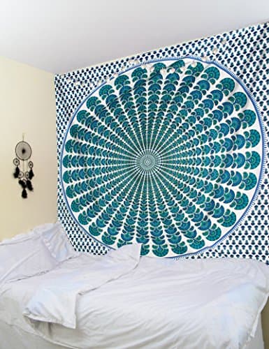 Mandala Decor Tapestries - Queen Size Rhythmic psychedelic peacock pattern wall hanging tapestry, Indian cotton Printed wall art home decor and multipurpose throw - Blue 195X220 Cms