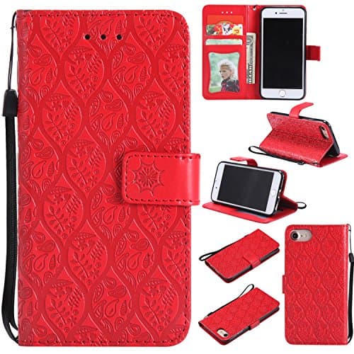iPhone 8 Wallet Case iPhone 7 Case LEMY JOURNEY Vintage Emboss Floral PU Leather&amp;Soft TPU[Card/Cash Slots][Wrist Strap]Wallet Magnetic Flip Case For iPhone 8/7(FV-RED)