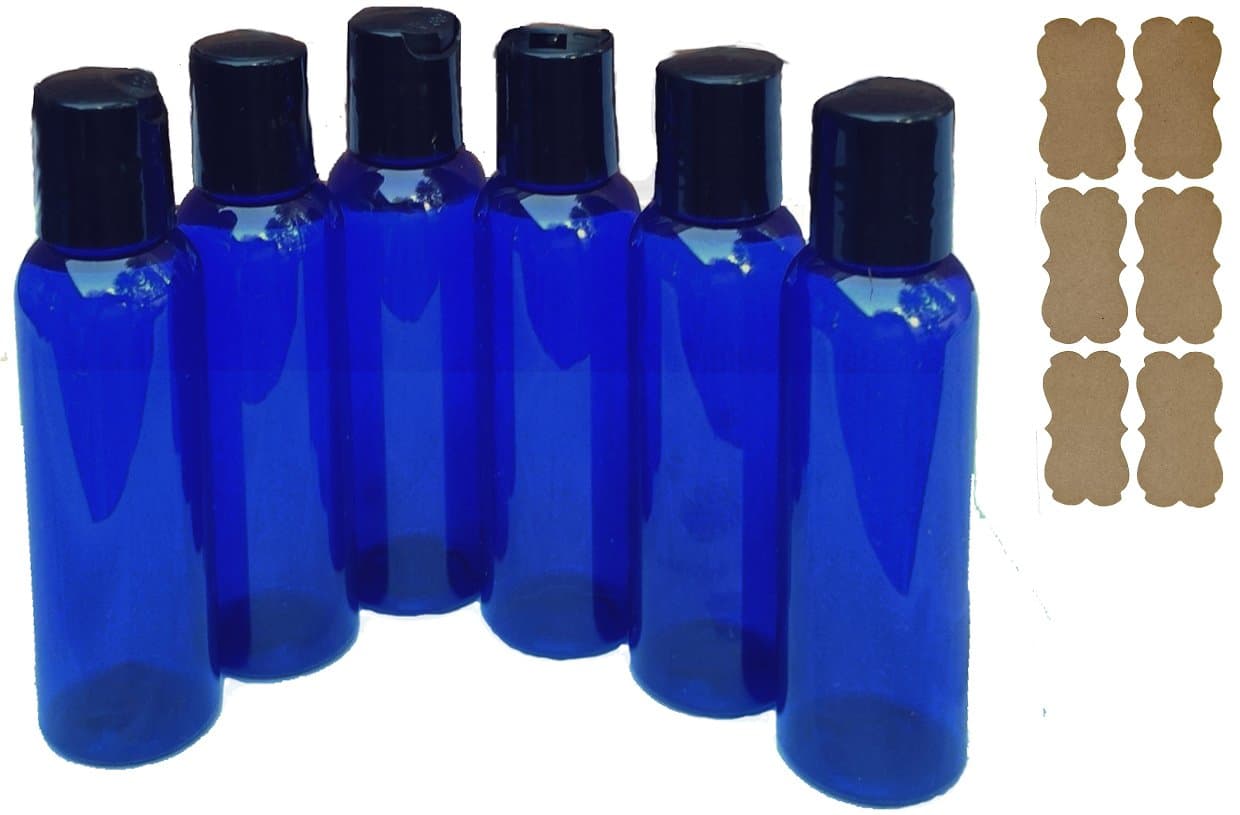 SanDaveVA 2 oz Plastic Bottles Blue Durable and Reuseable PET Plastic Qty 6 w/Smooth Black Disc Top Caps 2oz 60ml Plus Kraft Labels