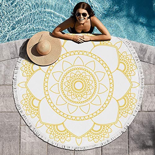 cuyde Round Beach Towel Blanket Mandala Vector Yellow Pattern Picnic Carpet Mandala Microfiber Beach Tassels Super Water Absorbent Round Beach Blanket