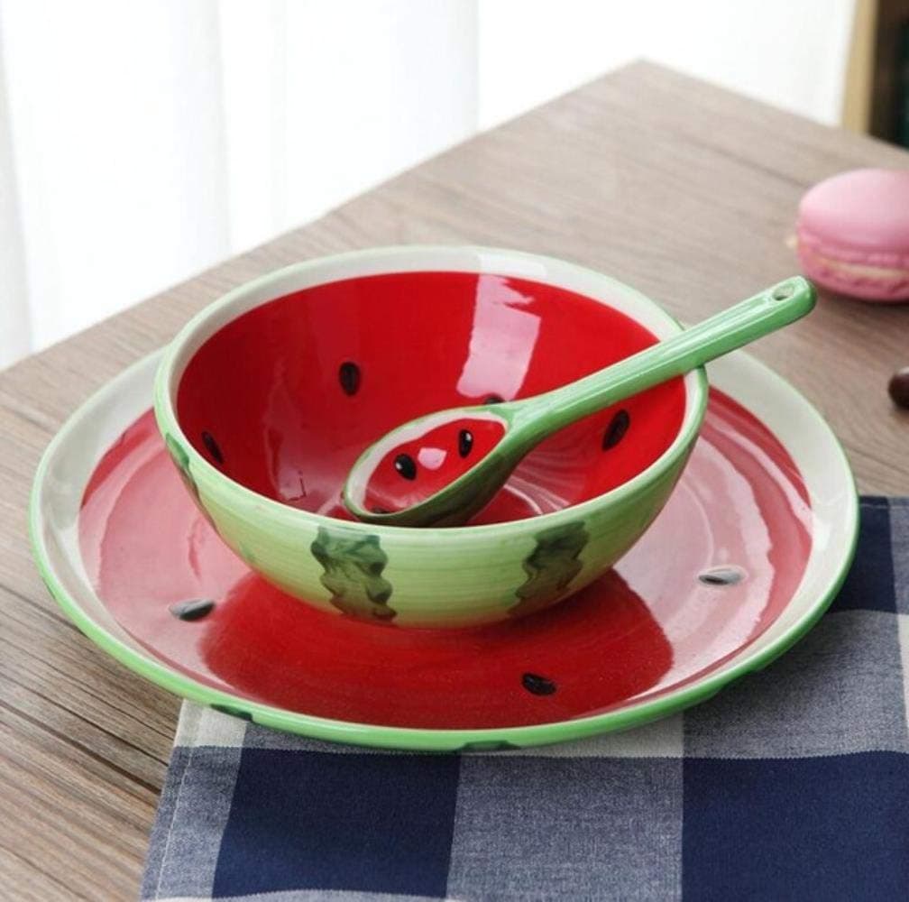 DHJFKSKH HS 5 Inch Ceramic Bowl Fruit Tableware Watermelon Apple Bowl Spoon Children's Rice Dessert Snack Bowl Household Tableware,Watermelon(Red),bowl