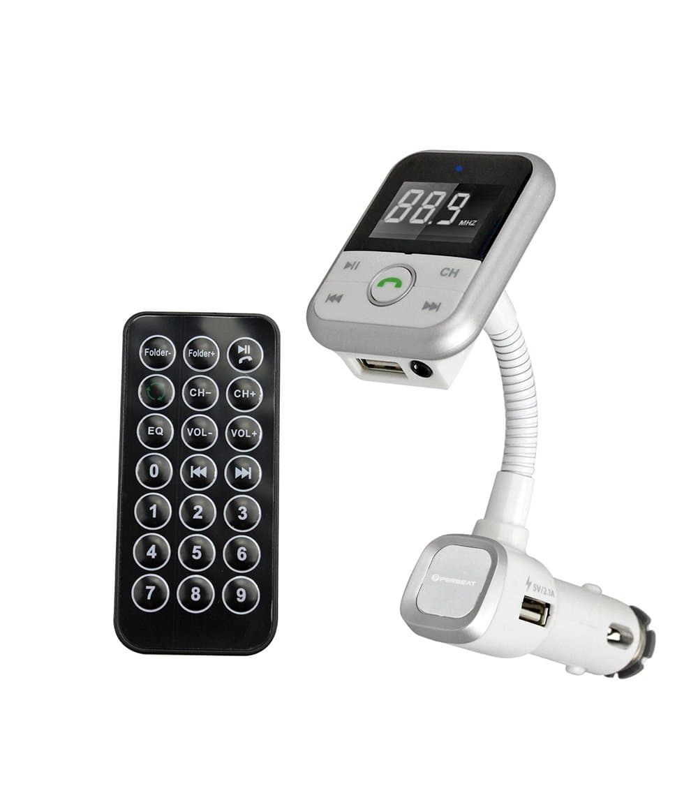 Perbeat Wireless Car Bluetooth FM Transmitter Handsfree Car Kit with USB Charging Port for iPhone Android Smartphone and Remote Control, SD Card Slot (Silver)
