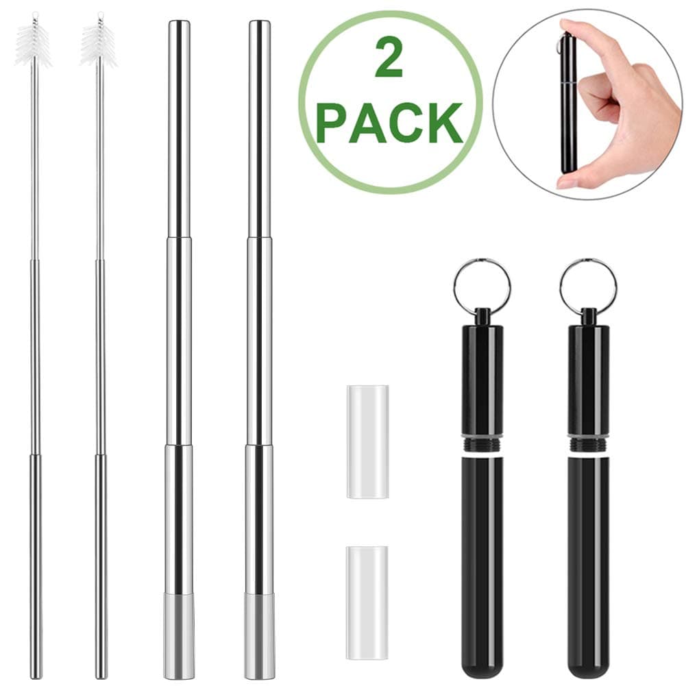 2 Pack Reusable Telescopic Straws, Collapsible Metal Drinking Straws with Case, Portable Travel Stainless Steel Straws for Drinks with 2 Folding Cleaning Brush, 2 Silicone Tips, 2 Black Cases