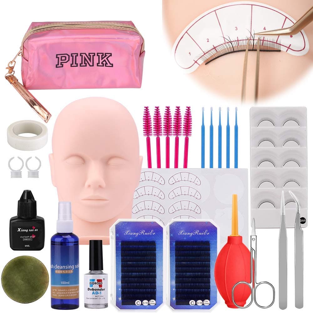 Eyelash Extension Training Mannequin Head Set, [Upgraded] MYSWEETY Makeup Practice Kit with Manikin Cosmetology Artist Doll Head, False Eye Lashes Grafting with Glue