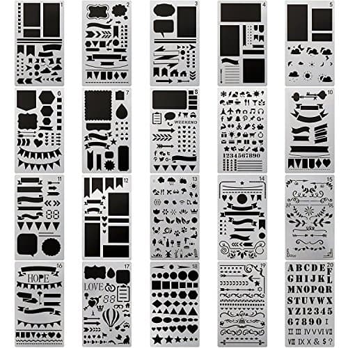 Journal Planner Drawing Templates Stencils Ruler Set 20 Pieces for Bullet Journal, Scrapbook, Crafts Projects, Making Card, Leuchtturm A5 Notebooks, Calendar, Painting, 4x7 Inch
