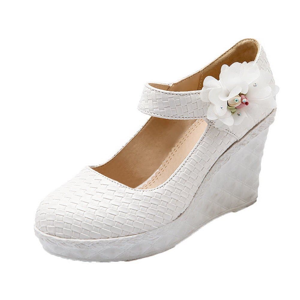 VogueZone009 Women's Hook-and-Loop Round-Toe High-Heels PU Floral Pumps-Shoes