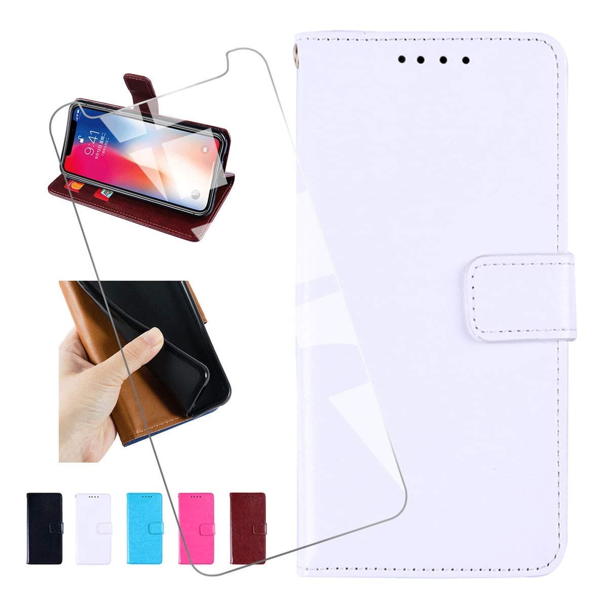 KJYF Wallet Case + Tempered Glass Screen Protector for Nokia 2.3 (6.20"), Flip Shell PU Leather Phone Cover Protective Compatible with for Nokia 2.3 (6.20").