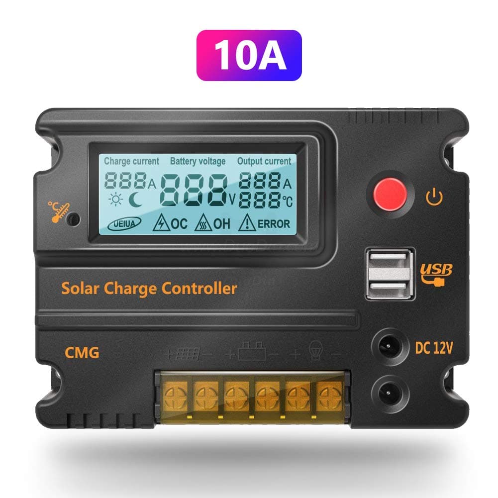 Fuhuihe 10A 12V/24V Solar Charge Controller, Solar Panel Battery Intelligent Regulator with Auto Switch, LCD Display Intelligent USB Port, Overload Protection &Temperature Compensation