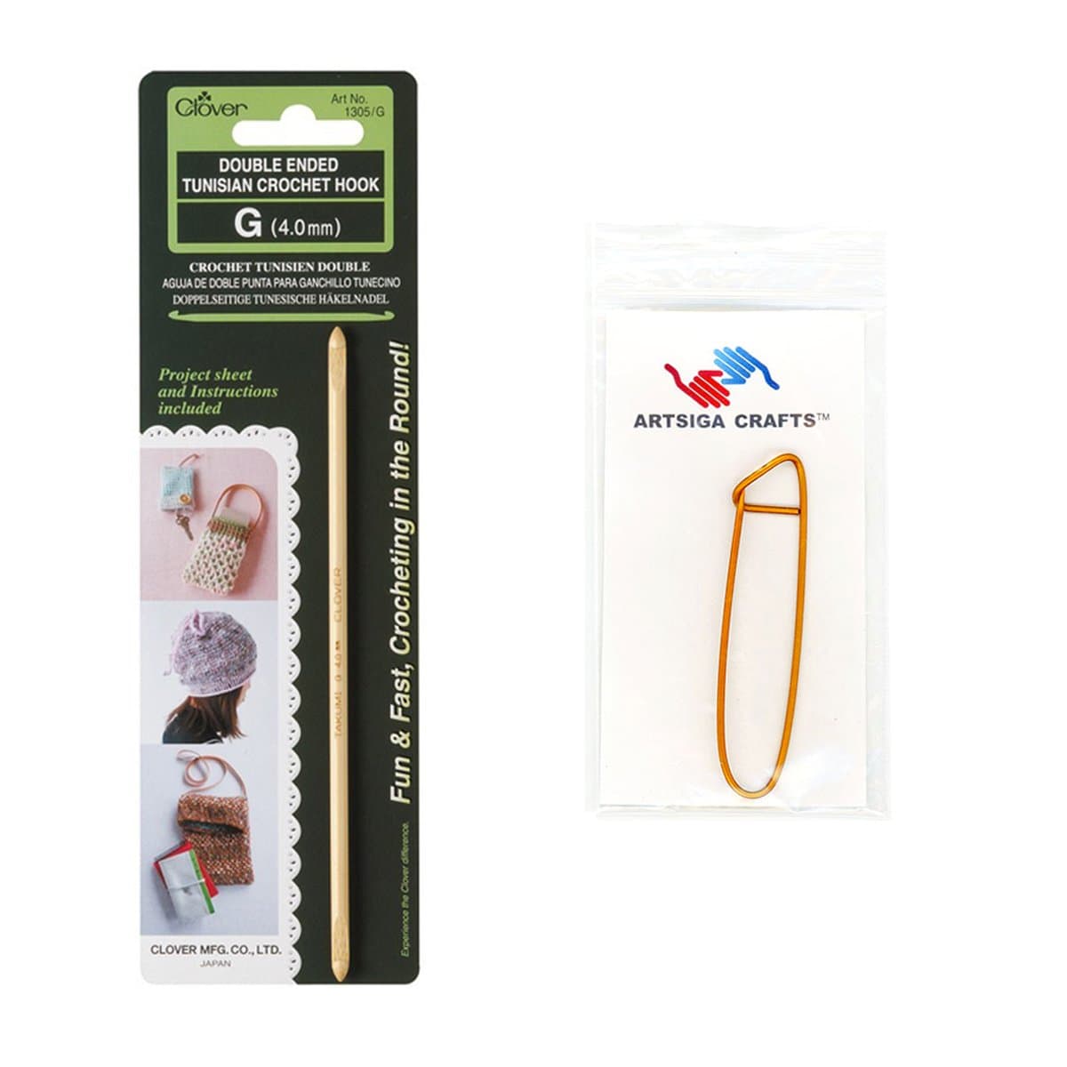 Clover Needlecraft Double Ended Tunisian Crochet Hook G/4mm Bundle with 1 Artsiga Crafts Stitch Holder 1305/G