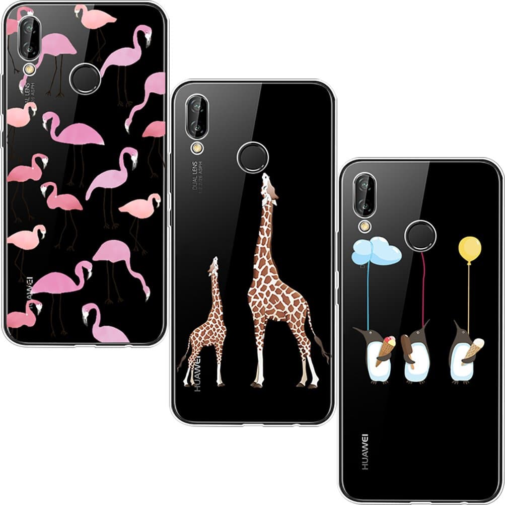 [3 Pack] Huawei P20 Lite Case, Shumeifang® Ultra Thin Soft Gel TPU Silicone Case Cover with Cute Cartoon for Huawei P20 Lite - Flamingo & Giraffe & Penguin