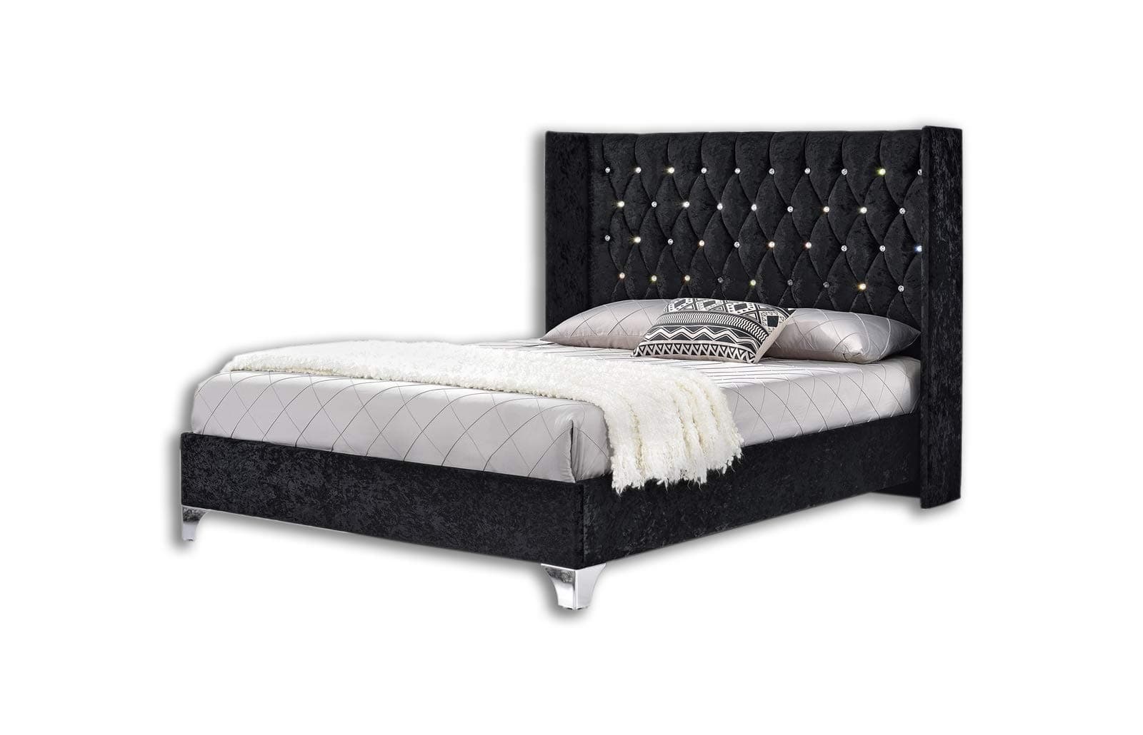 Unmatchable Wing Back Bed Frame Upholstered Fabric Crushed Velvet or Chenille in Double or King Size (Black Velvet, Double)