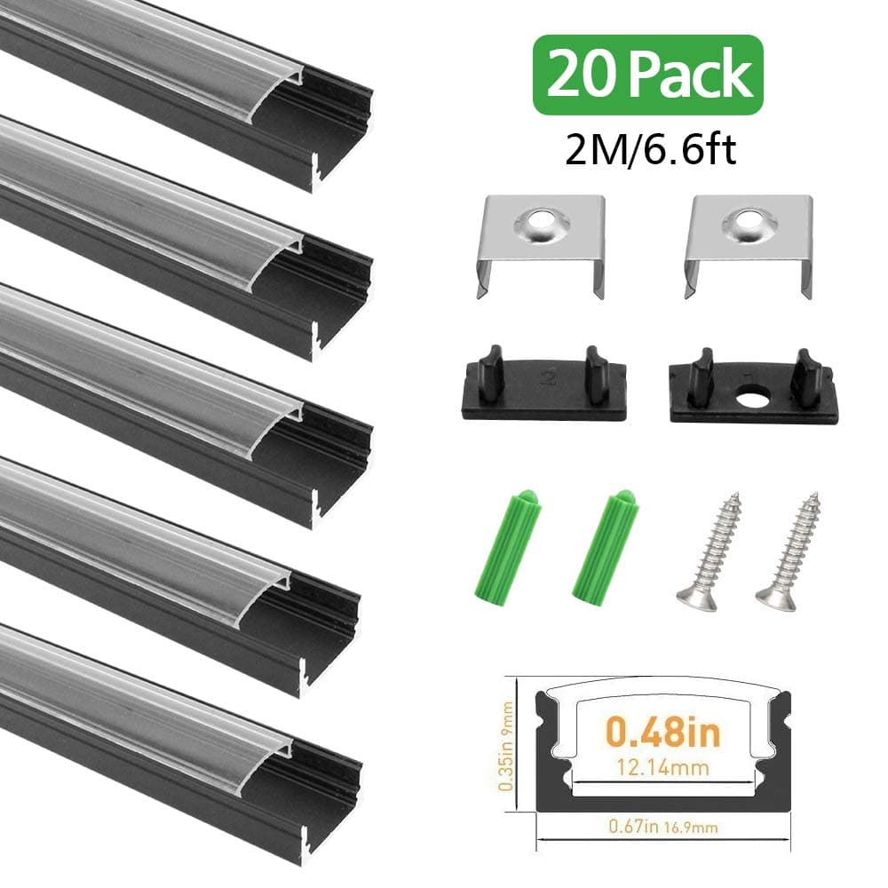 LightingWill Clear LED Aluminum Channel U Shape 6.6Ft/2M 20 Pack Anodized Black Extrusion for <12mm 5050 3528 LED Flex/Hard Strip Lights with Covers, End Caps, and Mounting Clips TP-U02B20