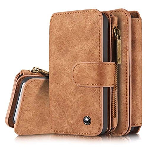 Apple iPhone 8 Wallet Case, Genuine Leather [Folio] [Flip] Handmade Leather Wallet Case Purse with Zipper and Large Capacity Card Slots with Photo Window Pocket for Apple iPhone 8 (Brown) (Brown)