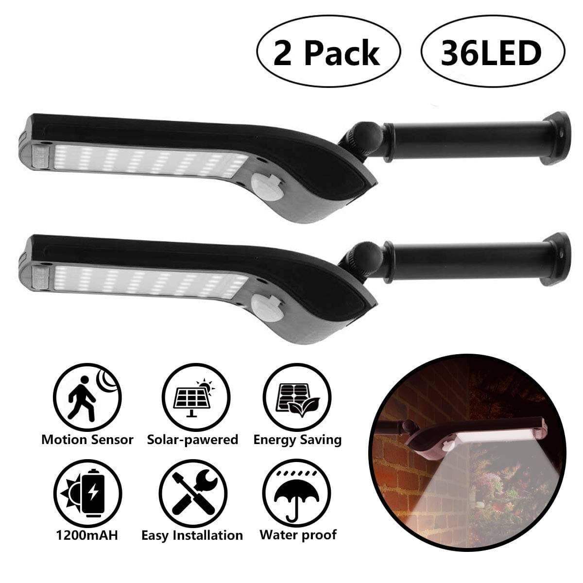 Solar Lights Outdoor, 36 LED Super Bright Solar Motion Sensor Security Lights, Wireless Waterproof Wall Lights with Rotatable Installed Stents for Garden, Driveway, Yard, Walkway Lighting(2 Pack)