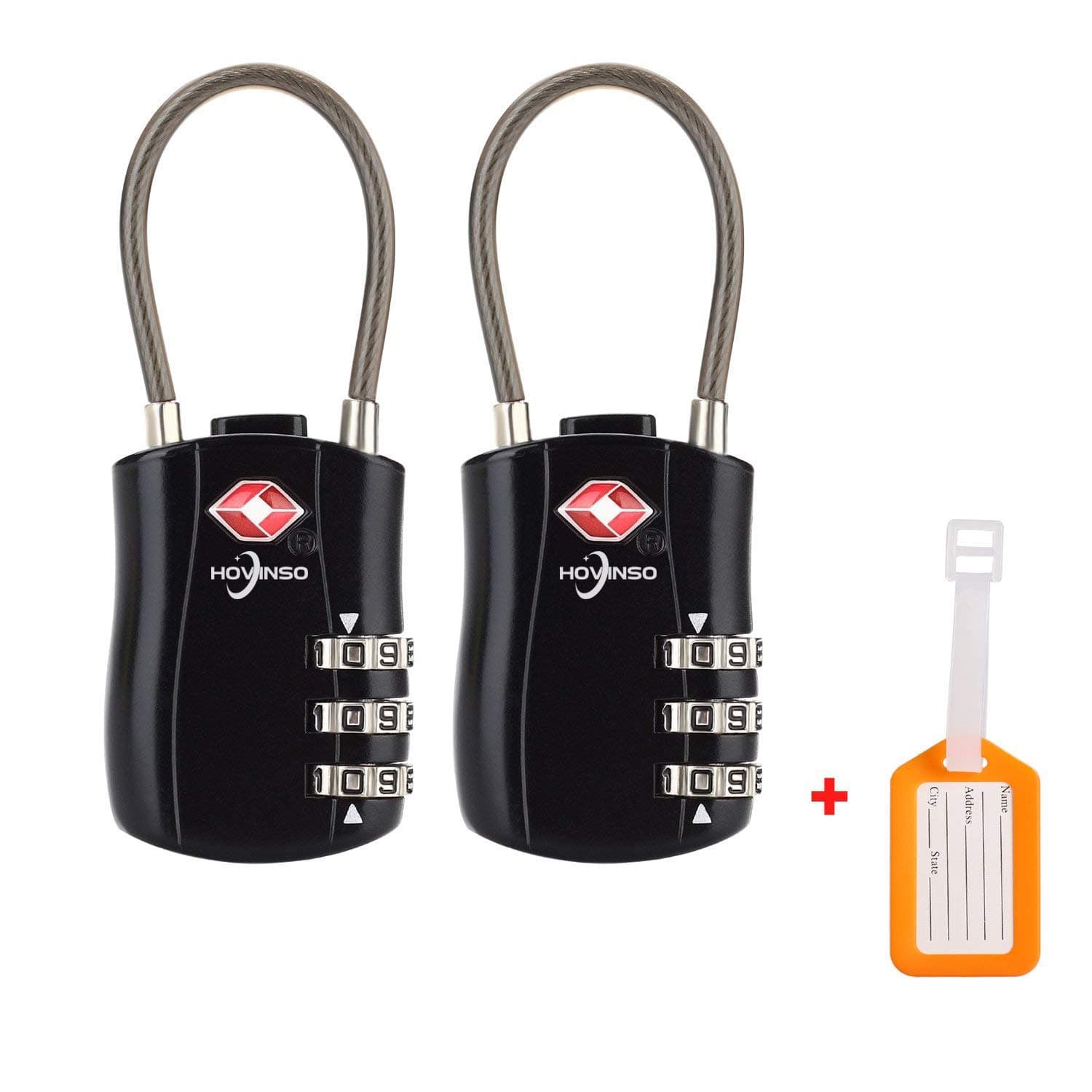 TSA Padlock Cable Approved Luggage Locks 3 Dial Combination (2pack) Pass Lock for Suitcases Bags Gym Black Password Lockers and More Backpacks