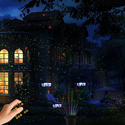 Laser Christmas Light with RF Remote Control,Red and Green Star Laser Show with Blue Background for Christmas, Holiday, Parties, Landscape, and Garden Decoration