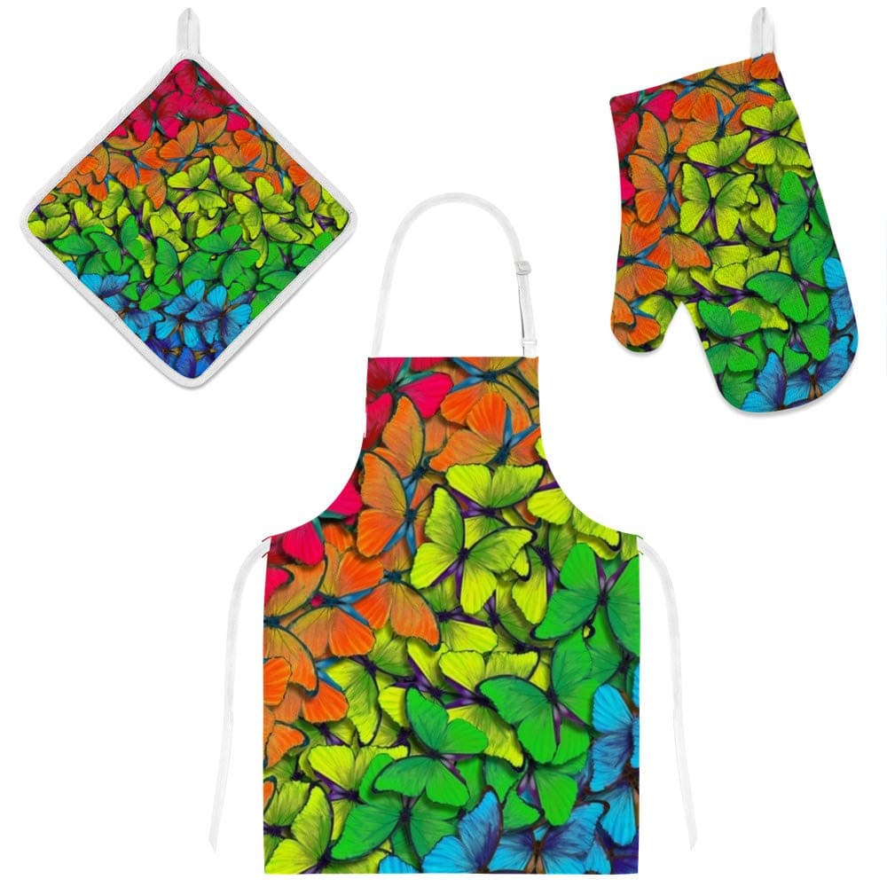 Top Carpenter Polyester Kitchen Oven Mitts Glove Potholder Apron 3Pcs Set Colors of Butterfly Rainbow Non Slip Heat Resistant Mitts for Baking Cooking BBQ