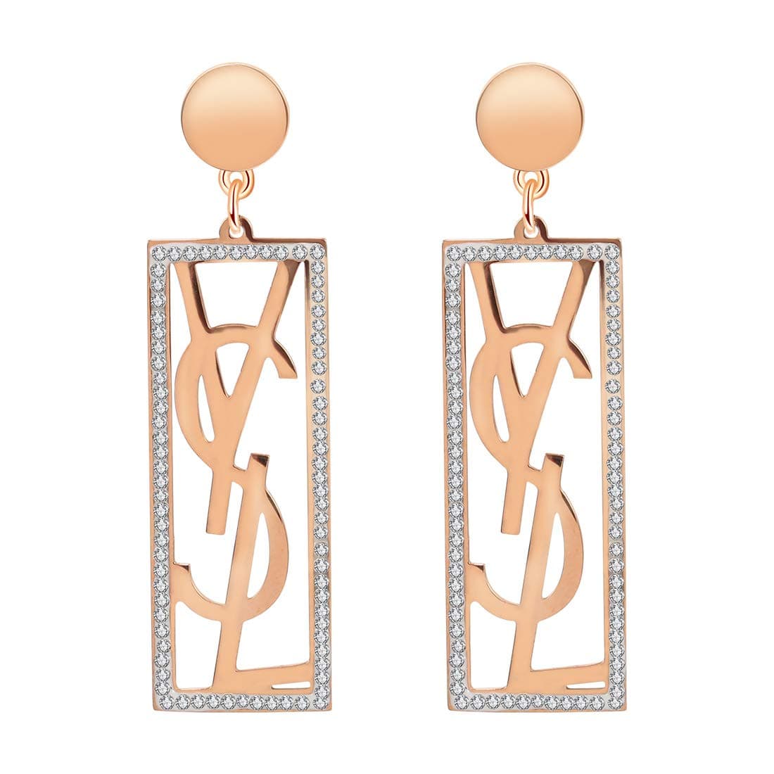 Designer Monogram Square Drop Earring, Stainless Steel Red Geometric Stud Earrings for Women,Trendy Rhinstone Rose Gold Dangle Earrings for Girls