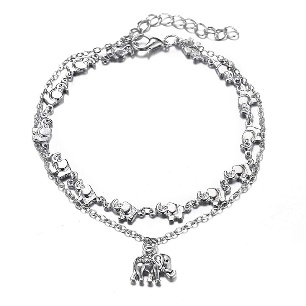 2Pcs Creative Elephant Anklet Animal Tassel Anklet Multilayer Charming Accessory For Women(Silver color)