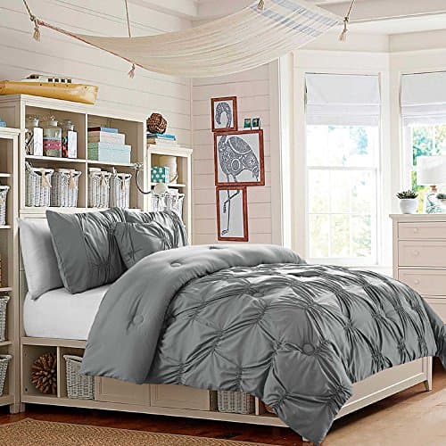 Pinched Pleat Soft Grey Bedding 7 Piece Bed in a Bag Pintuck Puckered Polyester Microfiber KING Comforter Set