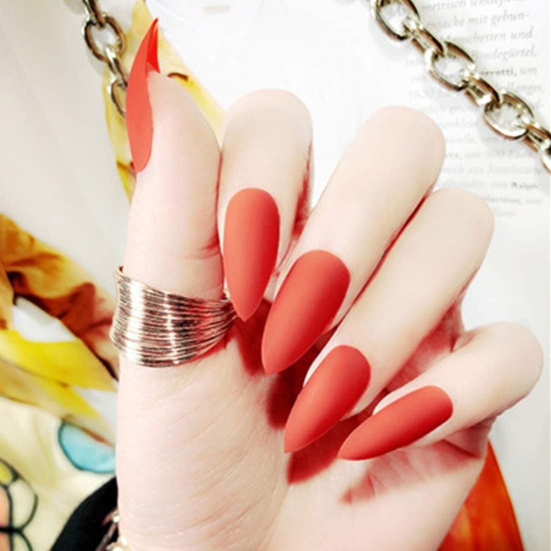 editTime 24PCS Solid Colors Acrylic Stiletto False Nails Full Cover Fake Nails Tips Natural Long Claw Nails (Matte red)