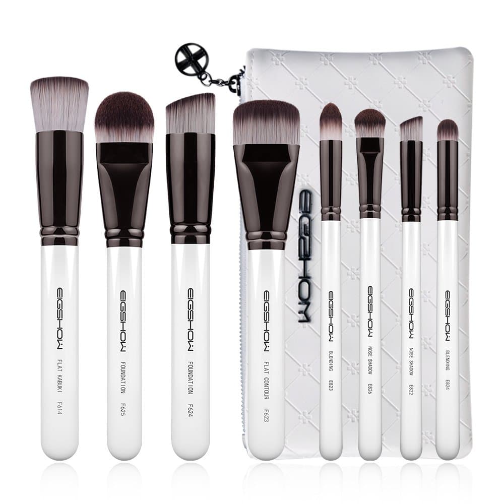 Makeup Brush Set EIGSHOW 8pcs Professional Makeup Brushes Foundation Brushes Synthetic Vegan Blending Powder Eye Face Liquid Cream Cosmetics Brush with White Travel PU Leather Bag and Gift Box