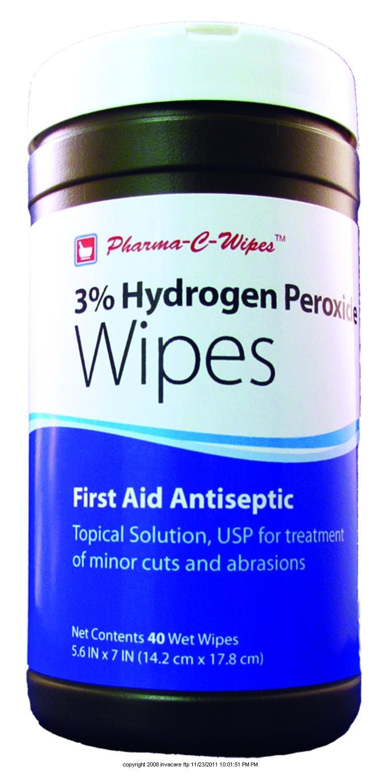 3% Hydrogen Peroxide Wipes-Size: 5.6" x 7" Wipe Quantity: 40 Wipes - UOM = Case of 6