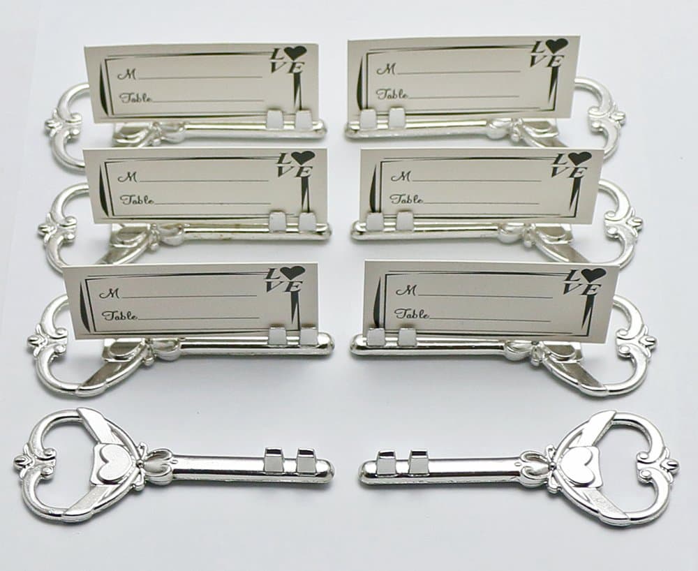 40pcs Multi Function Silver Bottle Opener and Place Card Holder Antique Skeleton Key Heart Shaped Wedding Favor Rustic Decoration