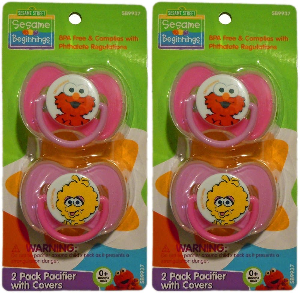 Sesame Beginnings 0+ Month Pacifiers with Characters Big Bird, Elmo & Cookie Monster (4 Girl Pacifiers)