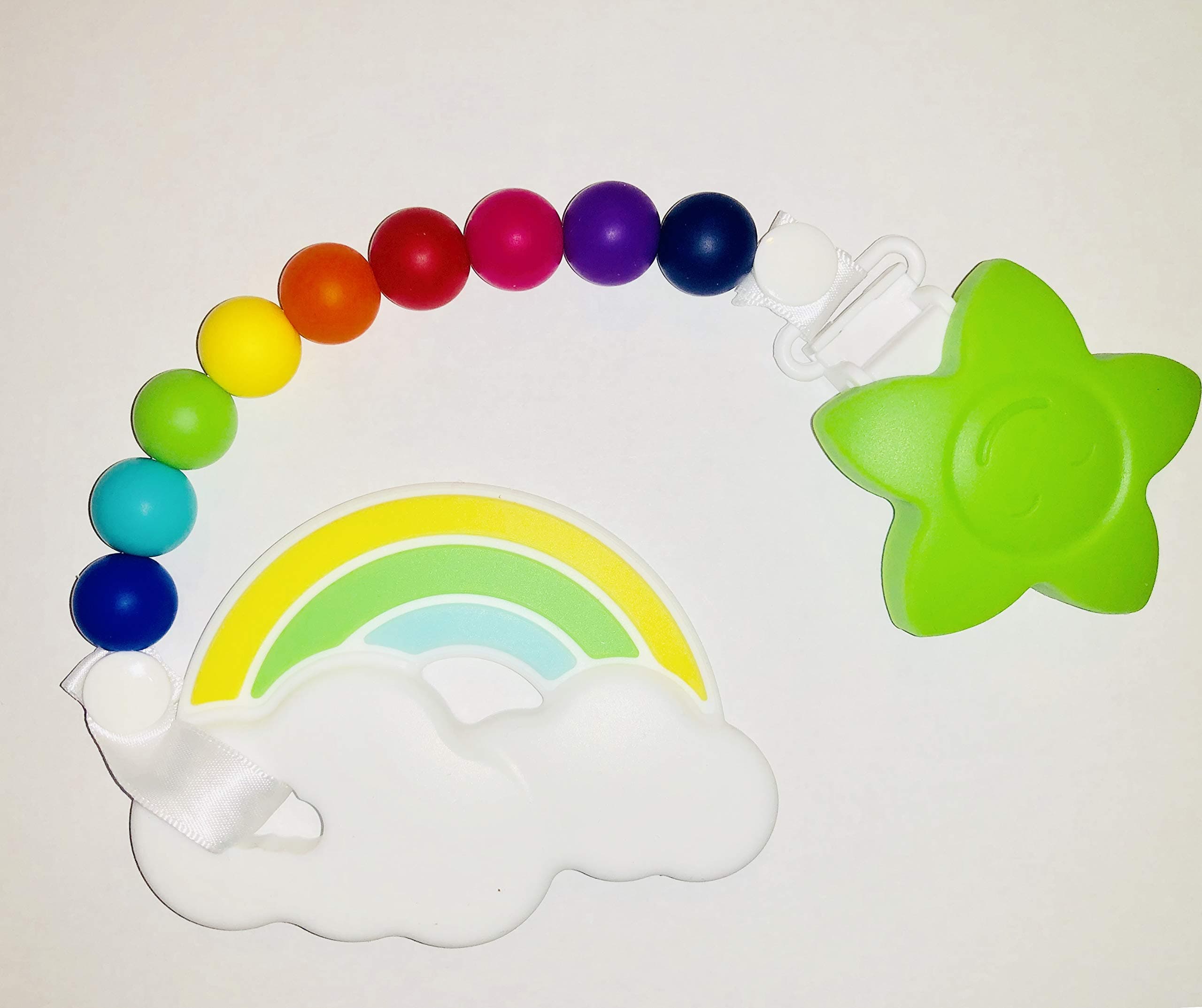 Teething Toy with Beaded Pacifier Clip - Multi-Colored and Multi-Surfaced (Rainbow Cloud - Green, Rainbow)