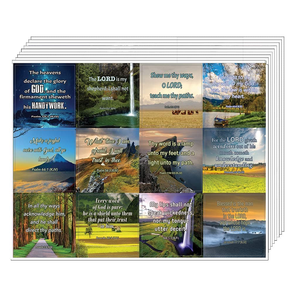 NewEights Short KJV Bible Scriptures Stickers (5 Sheet) - Total 60 pcs (5 x 12 pcs) Individual Small Size 2.1 x 2 Inches, Waterproof, Unique Designs, Great Variety Colorful Stickers