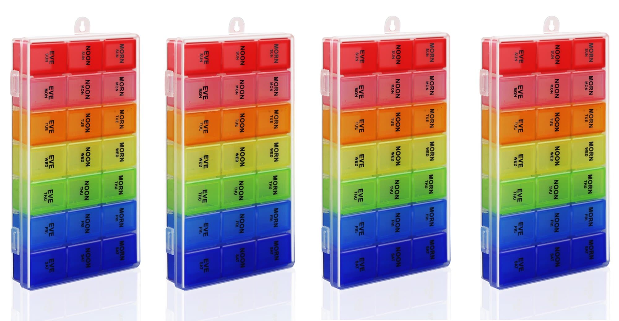 Rainbow Weekly Pill Organizer with Snap Lids| 7-Day AM/PM | Detachable Compartments for Pills, Vitamin. (Rainbow 4pcs)