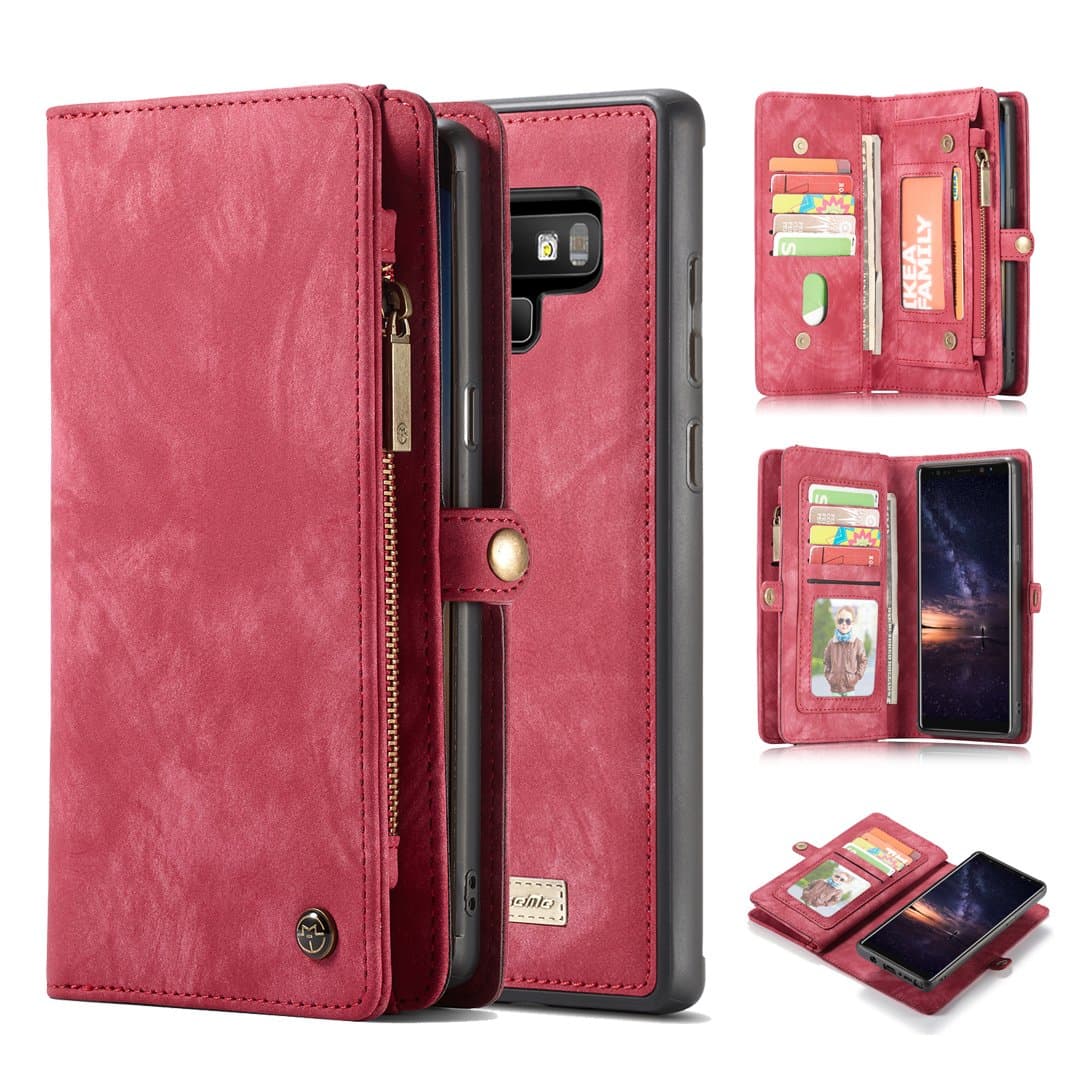 Note 9 Wallet Case,AKHVRS Handmade Premium Cowhide Leather Wallet Case,Zipper Wallet Case [Magnetic Closure]Detachable Magnetic Case & Card Slots for Samsung Galaxy Note 9 - Red
