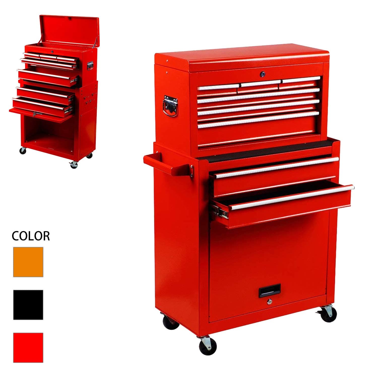 Tool box 8-Drawer,Portable Tool Chest with Wheels and Drawers for Storage Garage,Top Chest Removable Rolling Tool Cabinet,Top&Bottom Key Lockable,Red