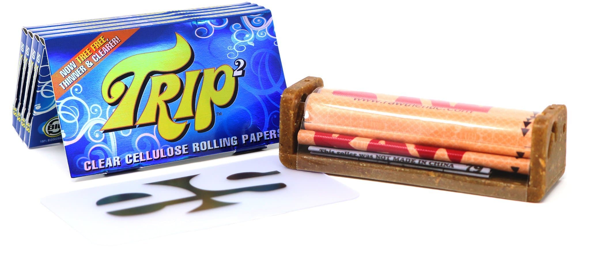 Trip2 Clear 1 1/4 Rolling Papers (4 Pack) Bundle with RAW Eco Plastic 79mm Roller and Clear ES Scoop Card